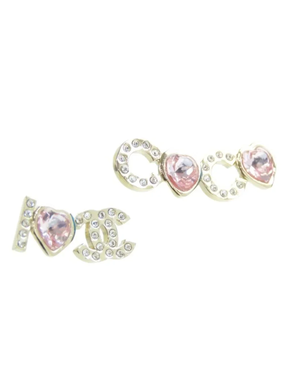 Chanel Earrings Gold Pink Metal Rhinestone I Love CC Logo